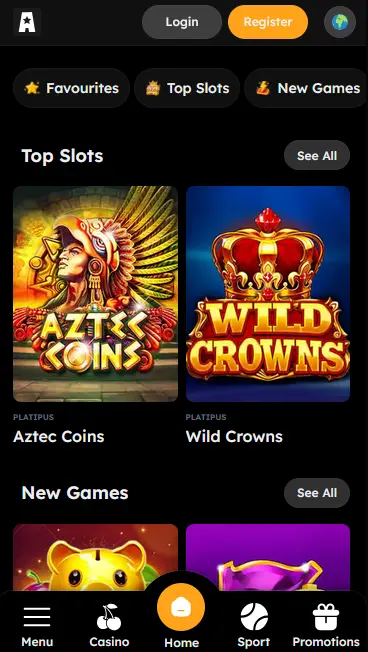 Vegas Nova mobile app lobby showing top slots and new games