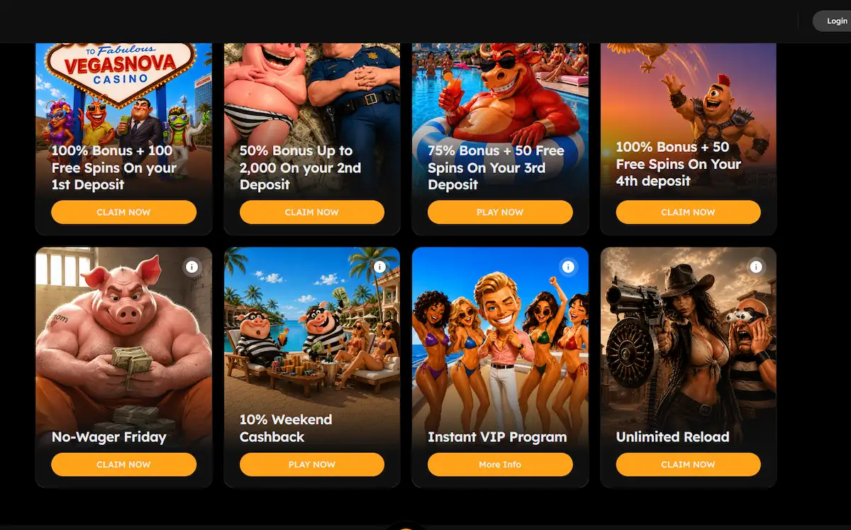 Vegas Nova bonuses page listing the welcome offer, cashback, and VIP promotions