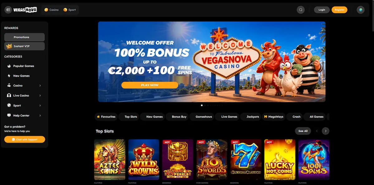 Vegas Nova Casino homepage lobby with top slots and welcome bonus banner