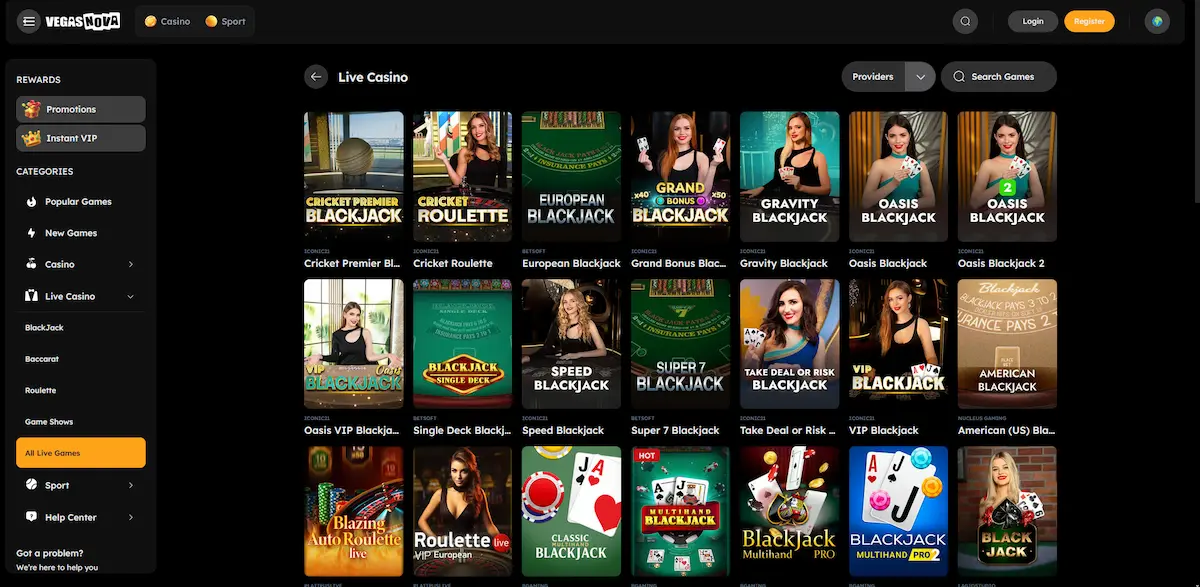 Vegas Nova live casino tables streamed by Evolution Gaming