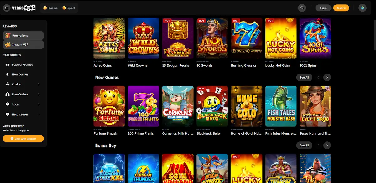 Vegas Nova pokies lobby featuring popular slot games from Pragmatic Play and other studios